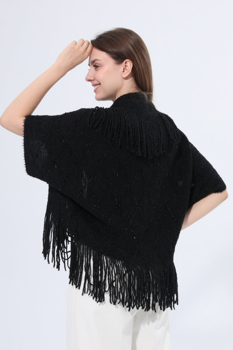 Fringed Diamond Knit Open Front Poncho Shawl - NeoKira Unlimited