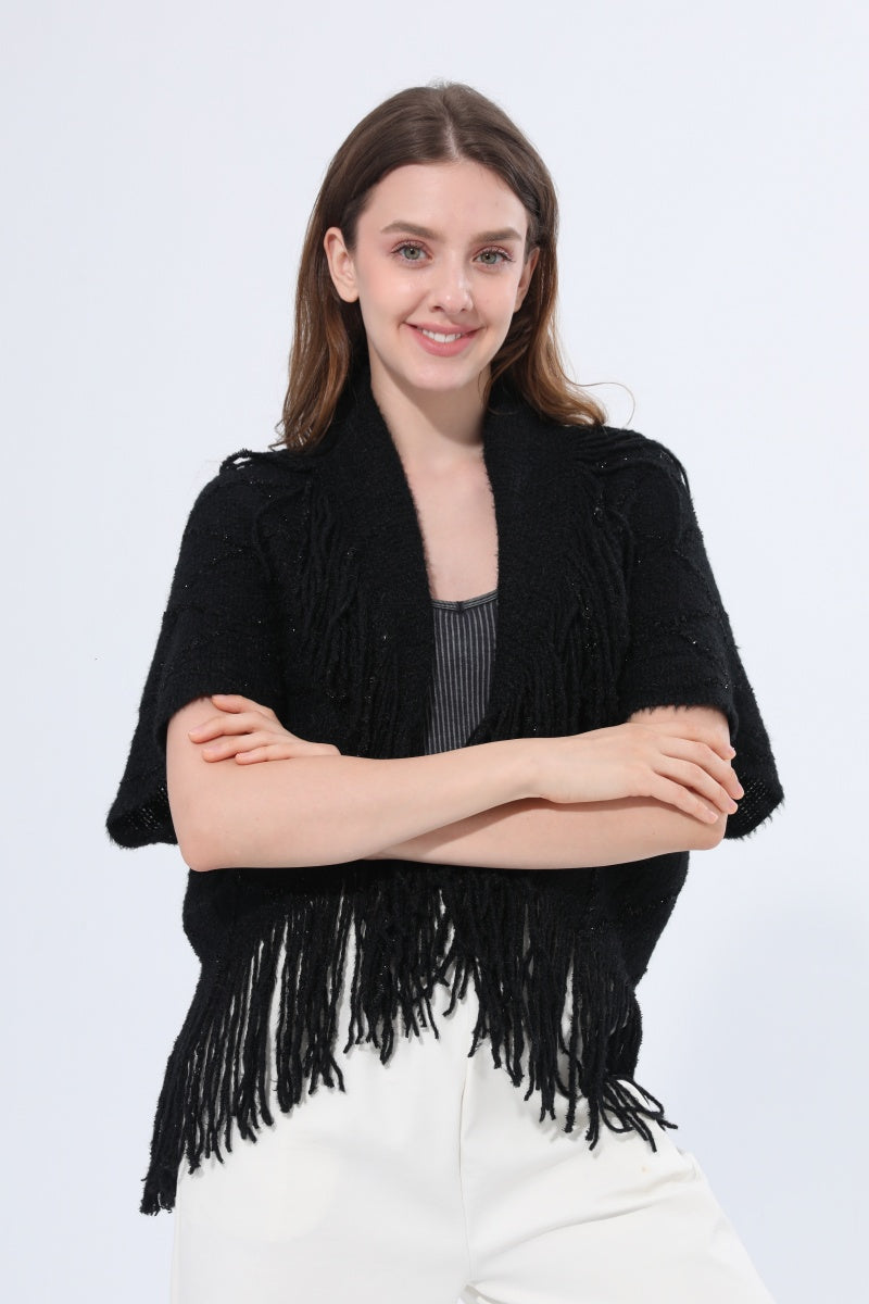 Fringed Diamond Knit Open Front Poncho Shawl - NeoKira Unlimited