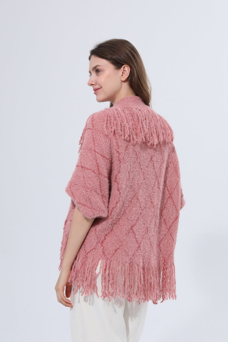 Fringed Diamond Knit Open Front Poncho Shawl - NeoKira Unlimited