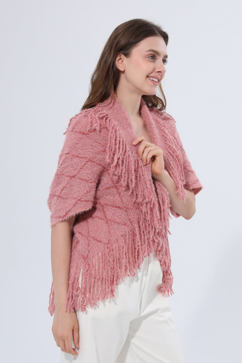 Fringed Diamond Knit Open Front Poncho Shawl - NeoKira Unlimited