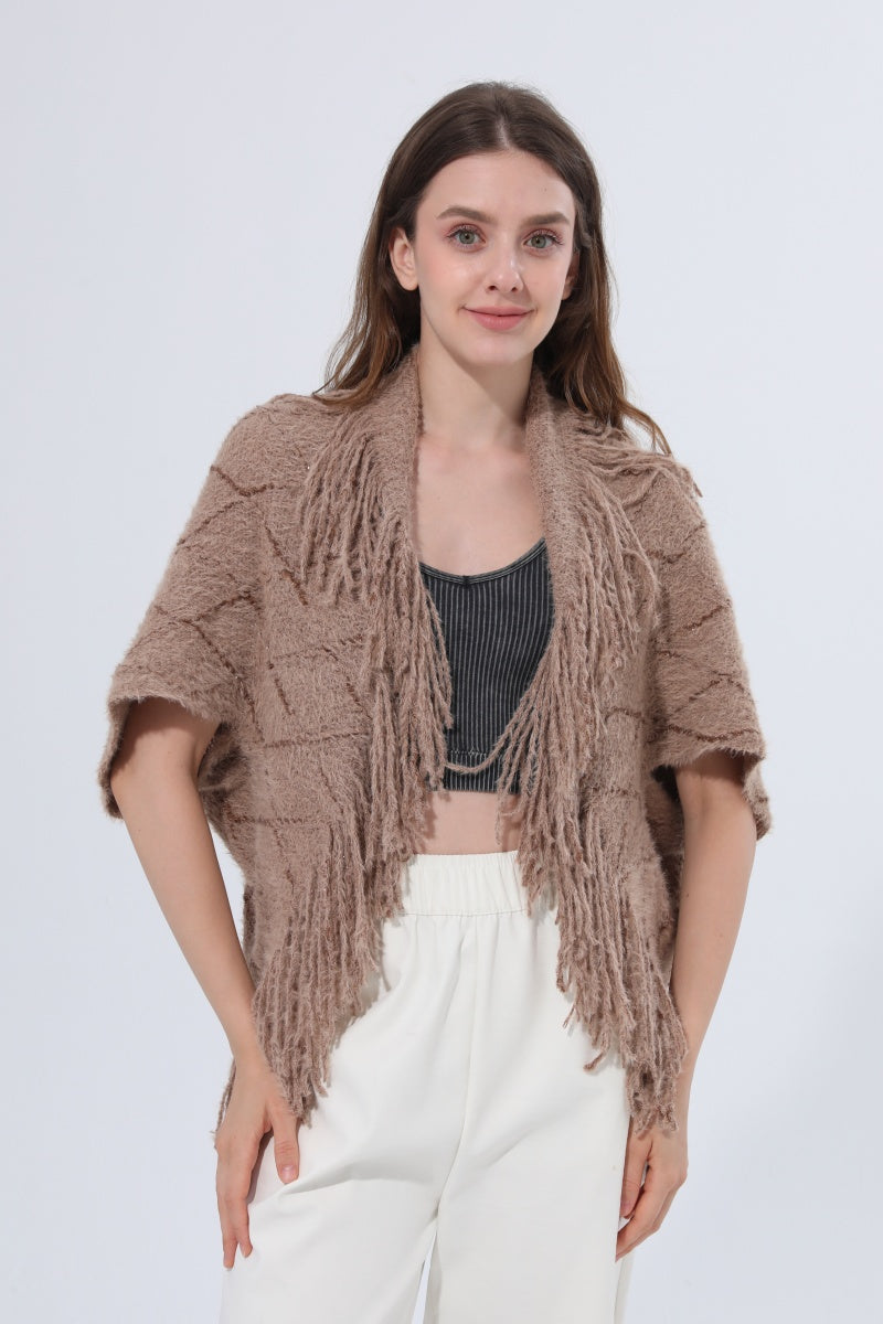 Fringed Diamond Knit Open Front Poncho Shawl - NeoKira Unlimited