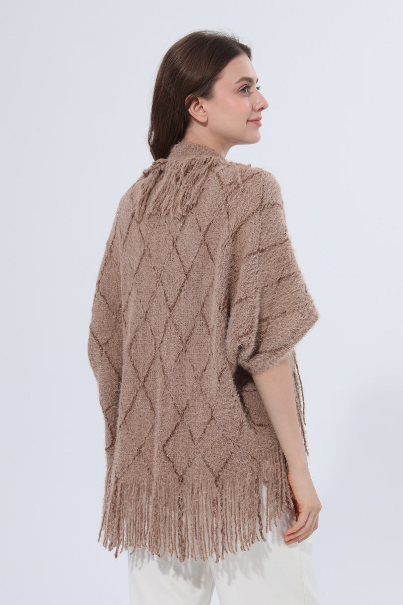 Fringed Diamond Knit Open Front Poncho Shawl - NeoKira Unlimited