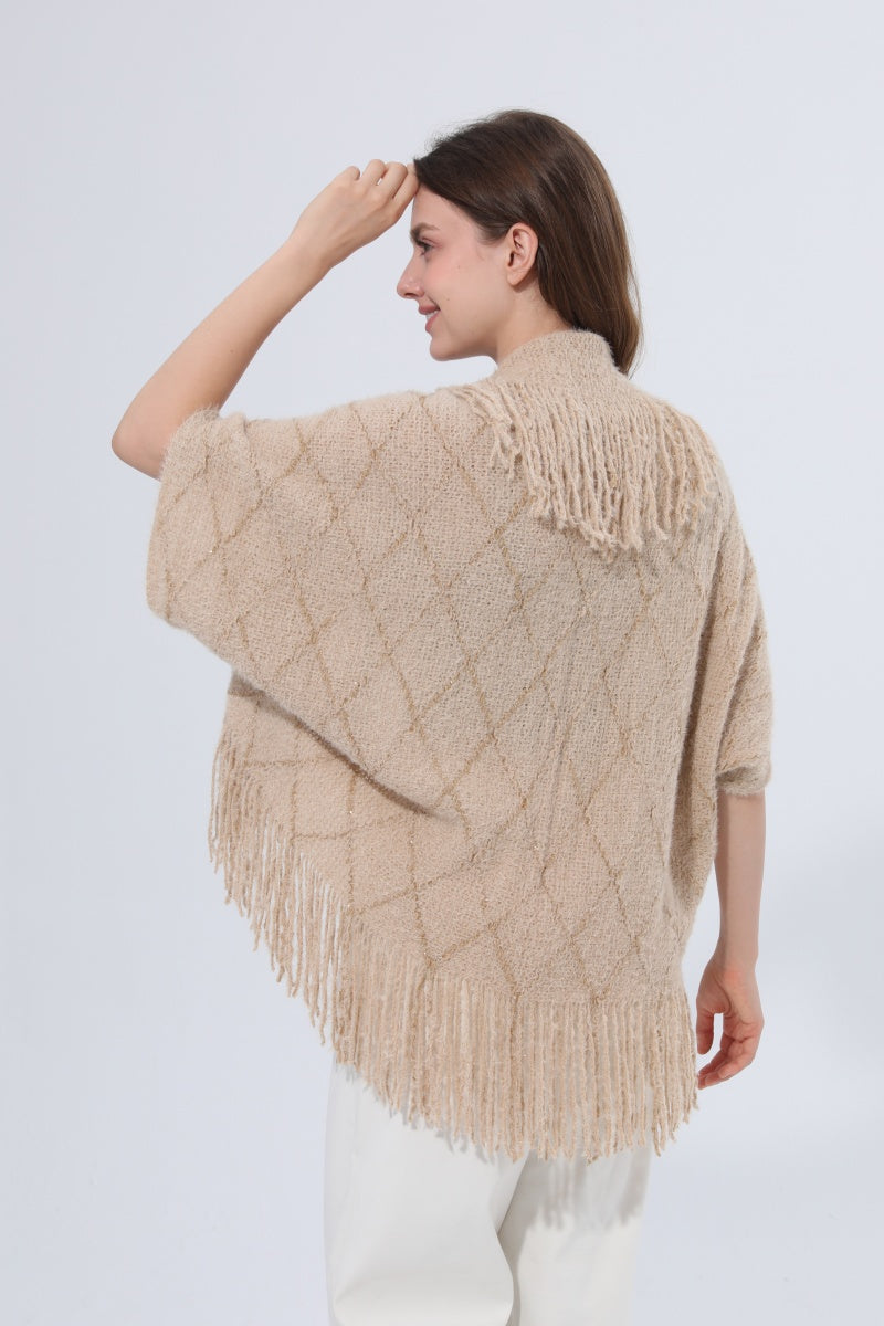Fringed Diamond Knit Open Front Poncho Shawl - NeoKira Unlimited
