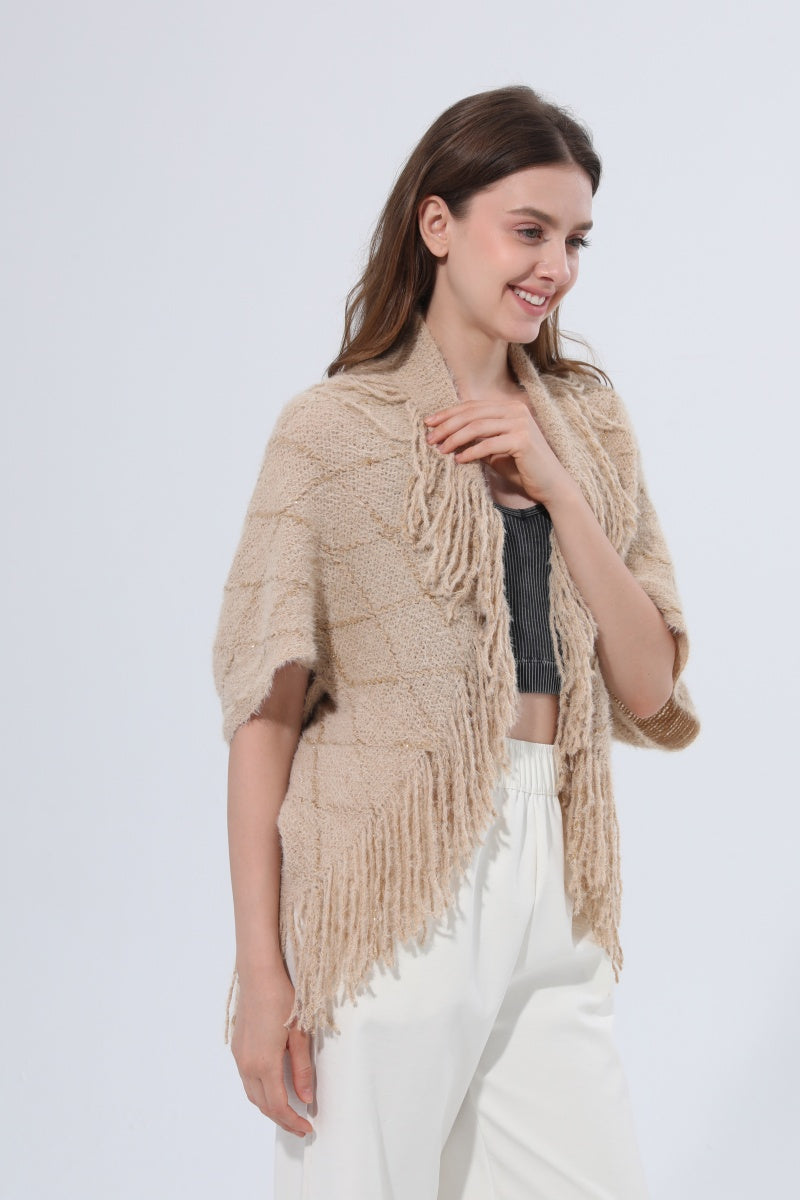 Fringed Diamond Knit Open Front Poncho Shawl - NeoKira Unlimited