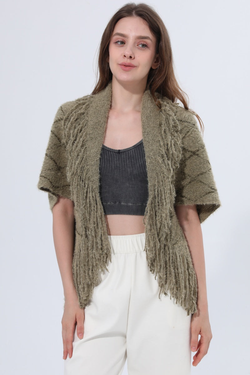 Fringed Diamond Knit Open Front Poncho Shawl - NeoKira Unlimited