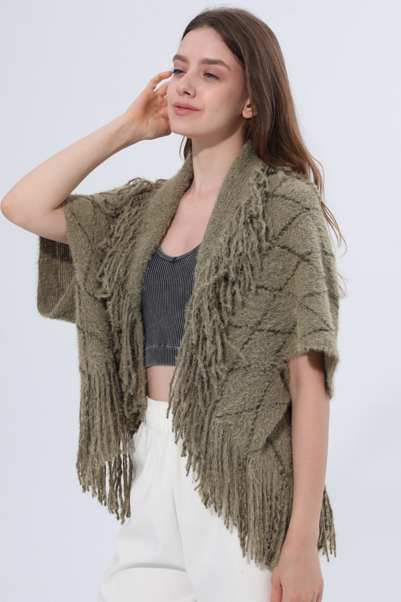 Fringed Diamond Knit Open Front Poncho Shawl - NeoKira Unlimited