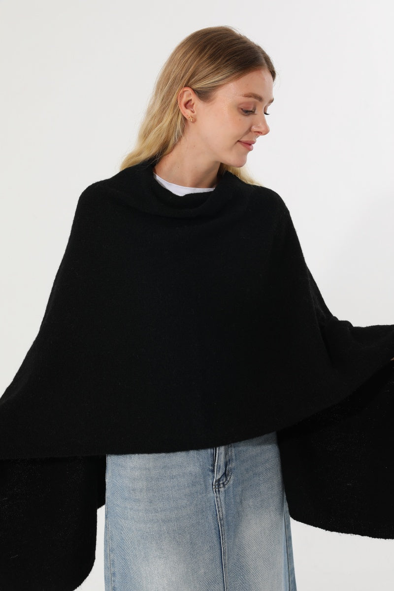 Women Cowl Neck Asymmetrical Knit Poncho Wrap Shawl Cape - NeoKira Unlimited
