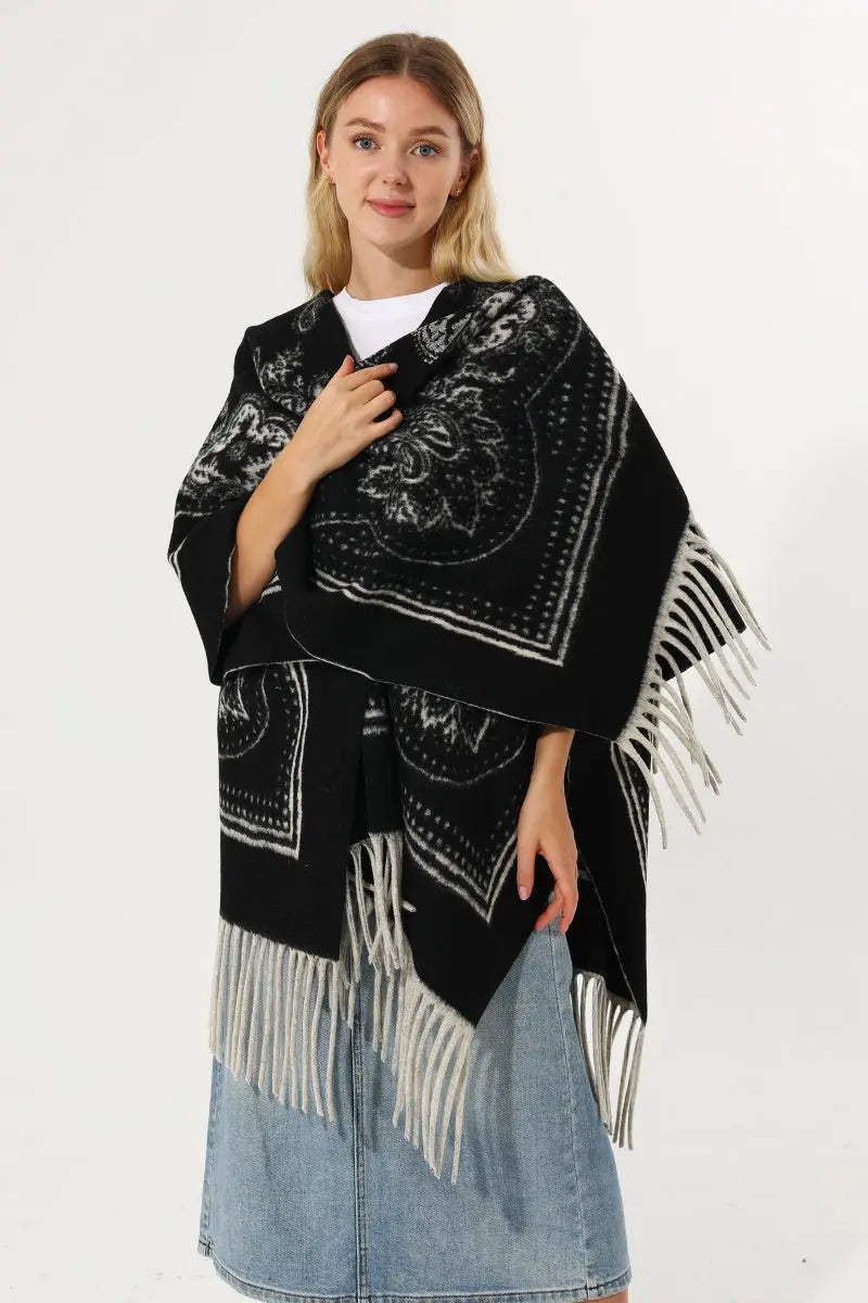 Women Paisley Floral Tassel Poncho Reversible Winter Shawl Wrap 🧣✨ - NeoKira Unlimited
