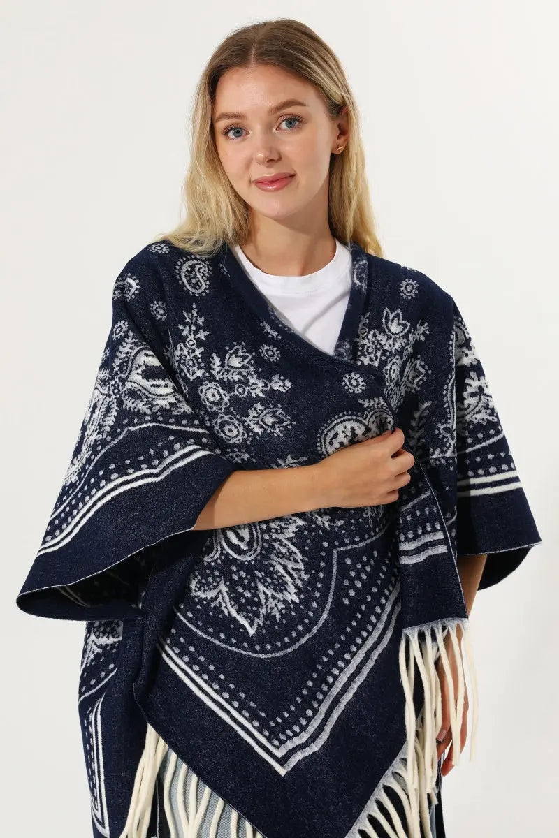 Women Paisley Floral Tassel Poncho Reversible Winter Shawl Wrap 🧣✨ - NeoKira Unlimited