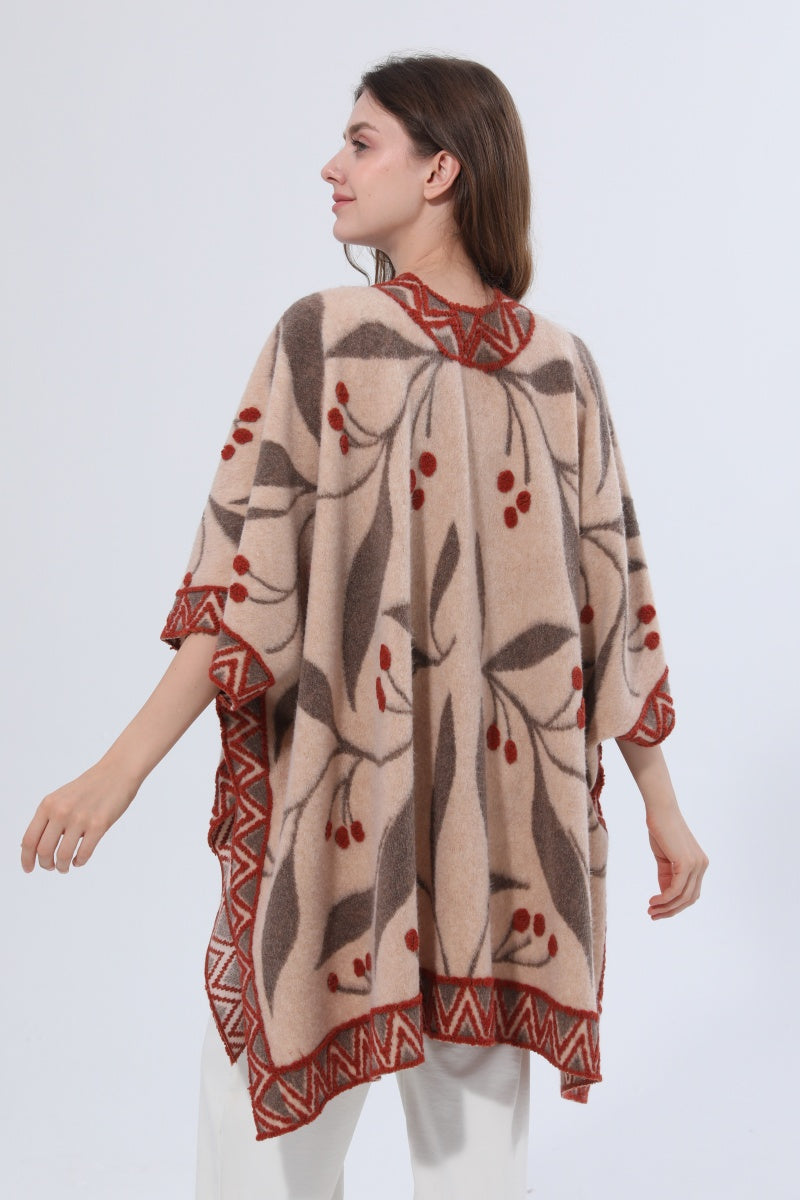 Women Vintage Jacquard Knit Poncho Shawl Cape - NeoKira Unlimited