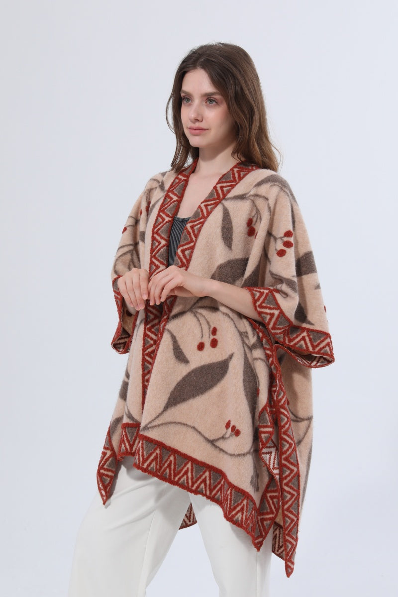 Women Vintage Jacquard Knit Poncho Shawl Cape - NeoKira Unlimited