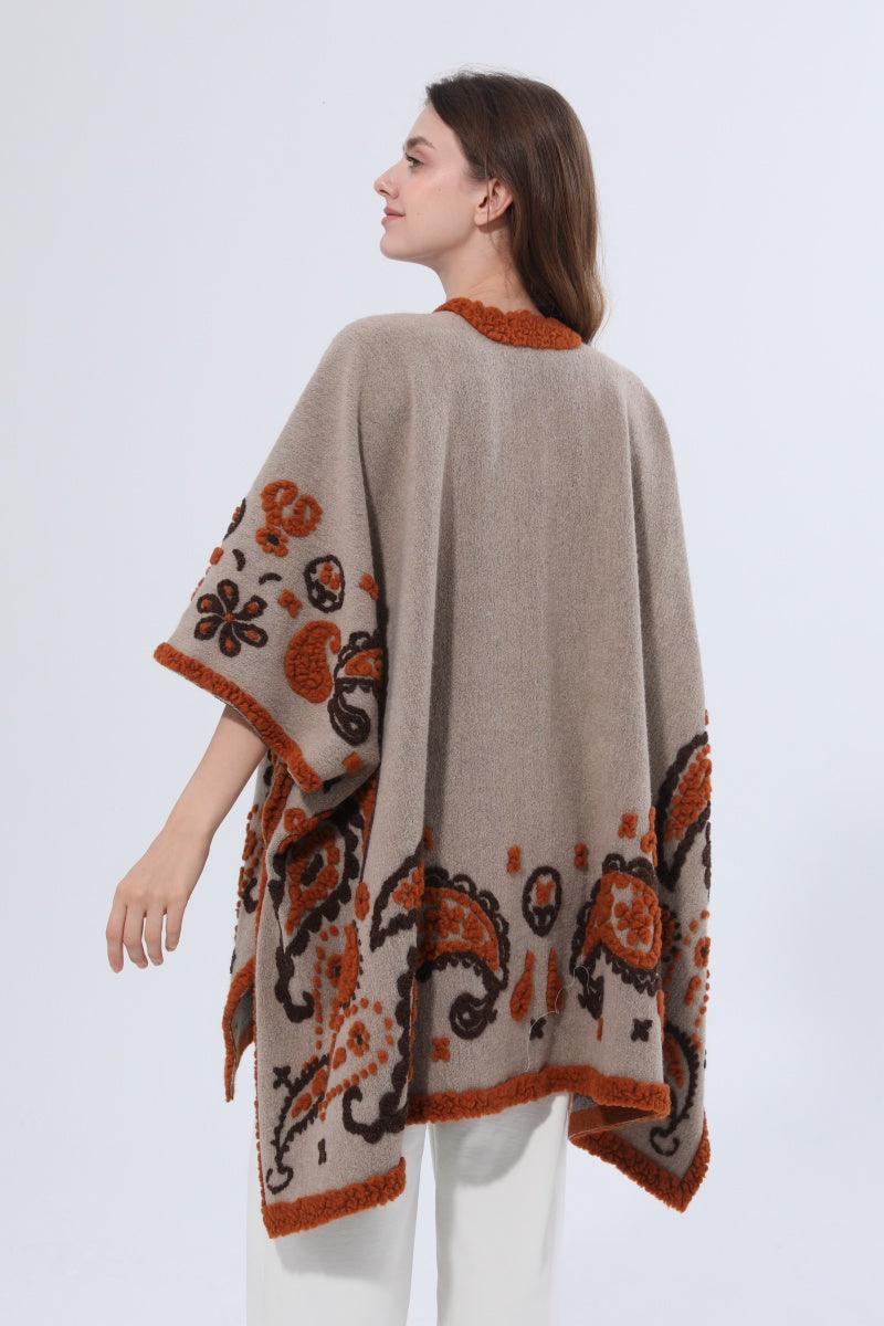 Women Tufted Paisley Knit Poncho Shawl Cape - NeoKira Unlimited