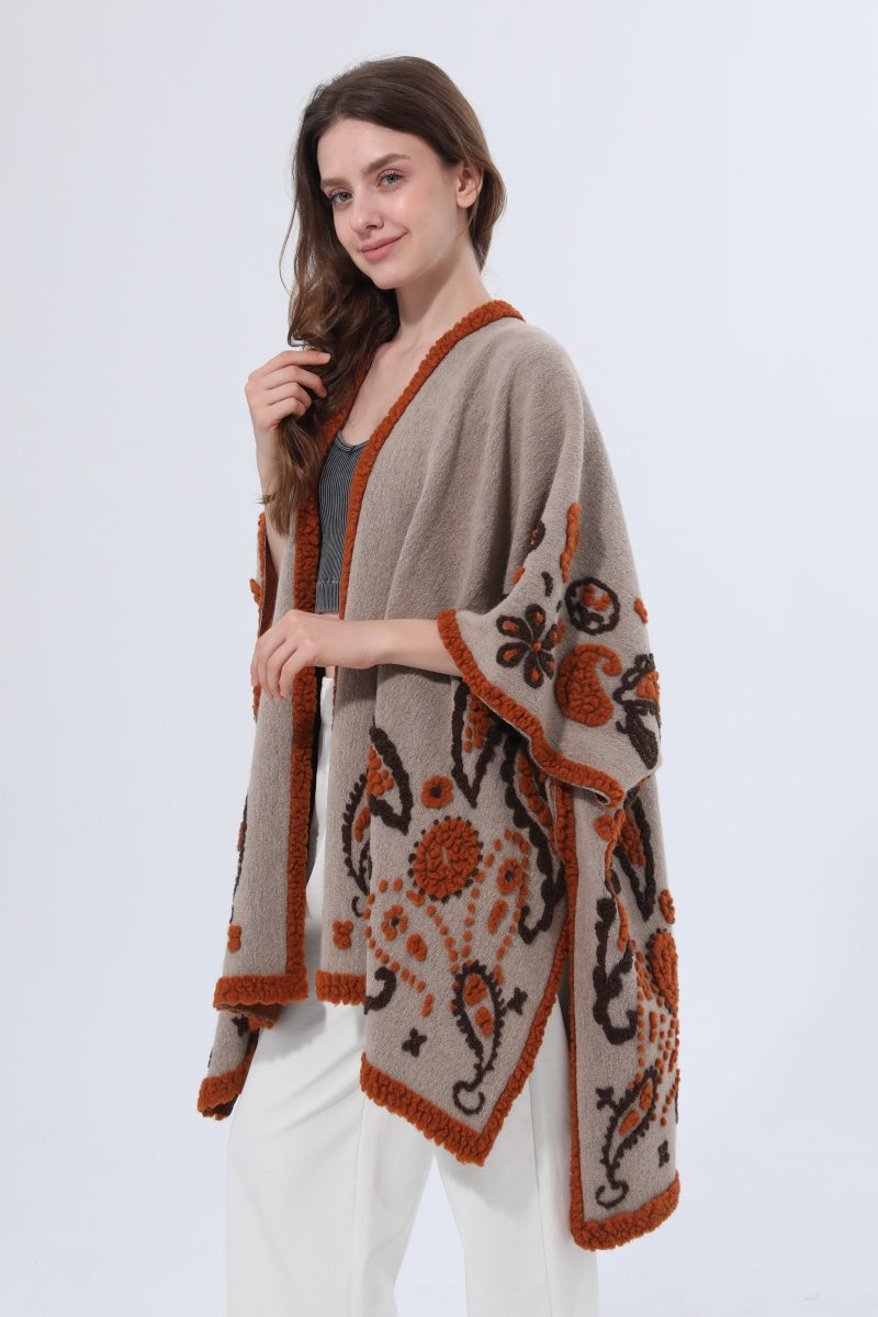 Women Tufted Paisley Knit Poncho Shawl Cape - NeoKira Unlimited