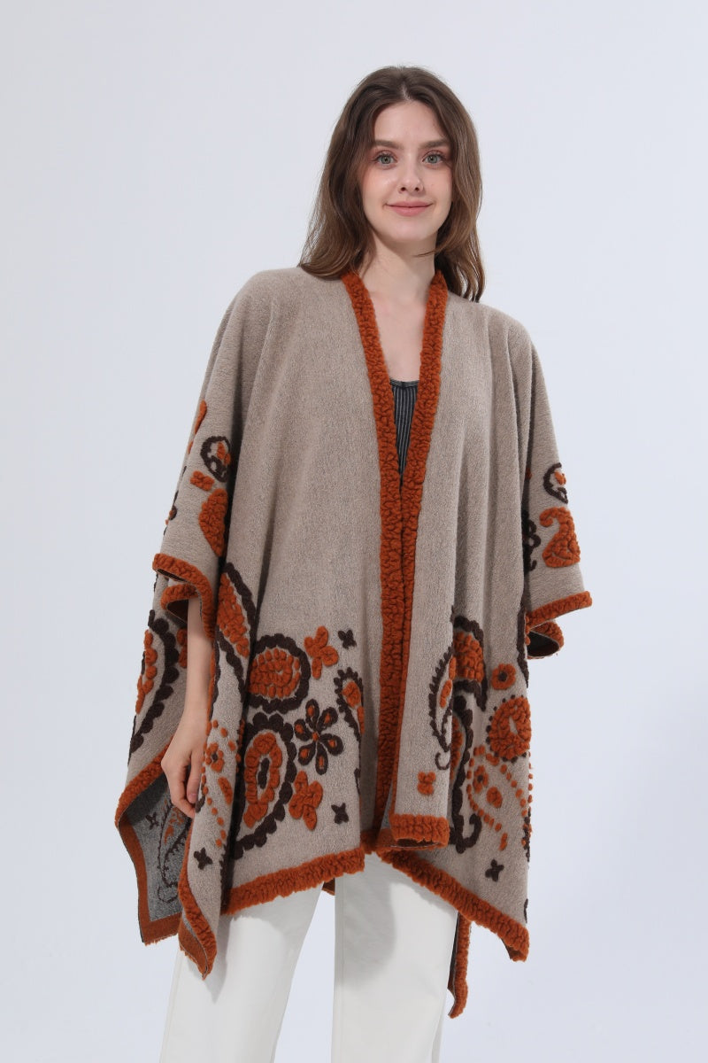 Women Tufted Paisley Knit Poncho Shawl Cape - NeoKira Unlimited