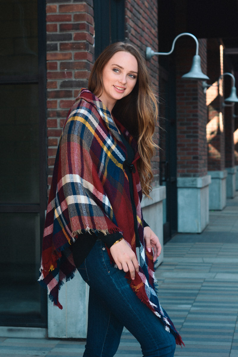 Classic Flannel Toggle Poncho Ponchos Leto Collection Red  