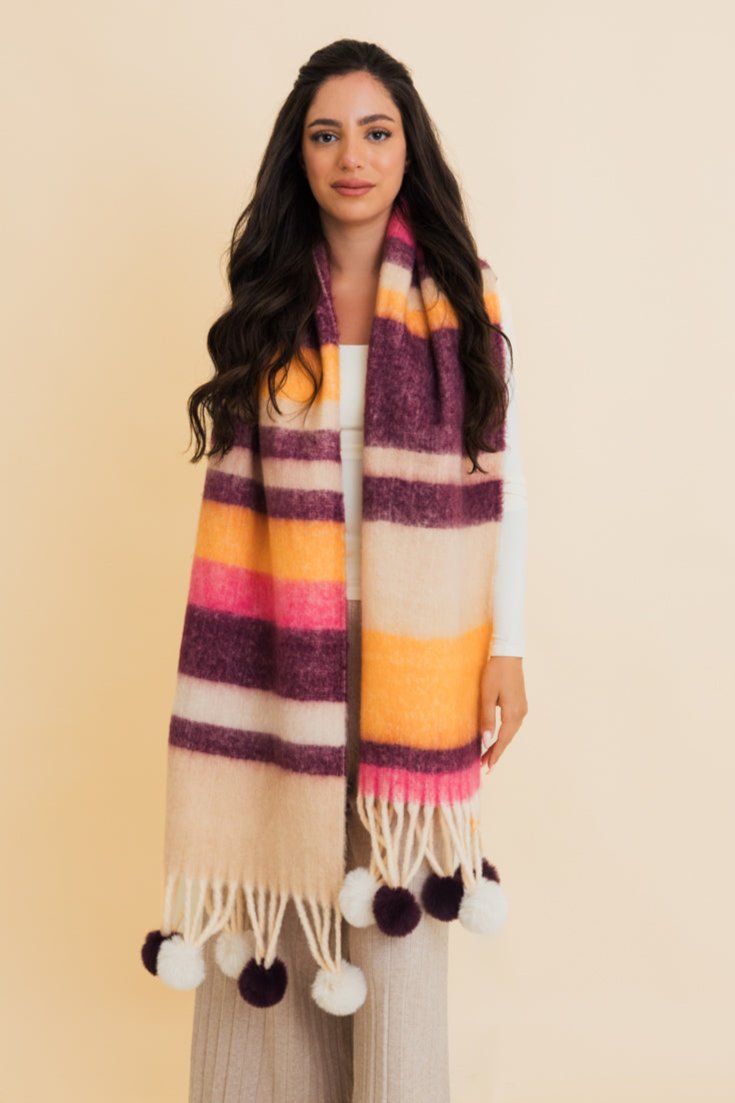 Pop Stripe Pom Tassel Cozy Scarf - NeoKira Unlimited