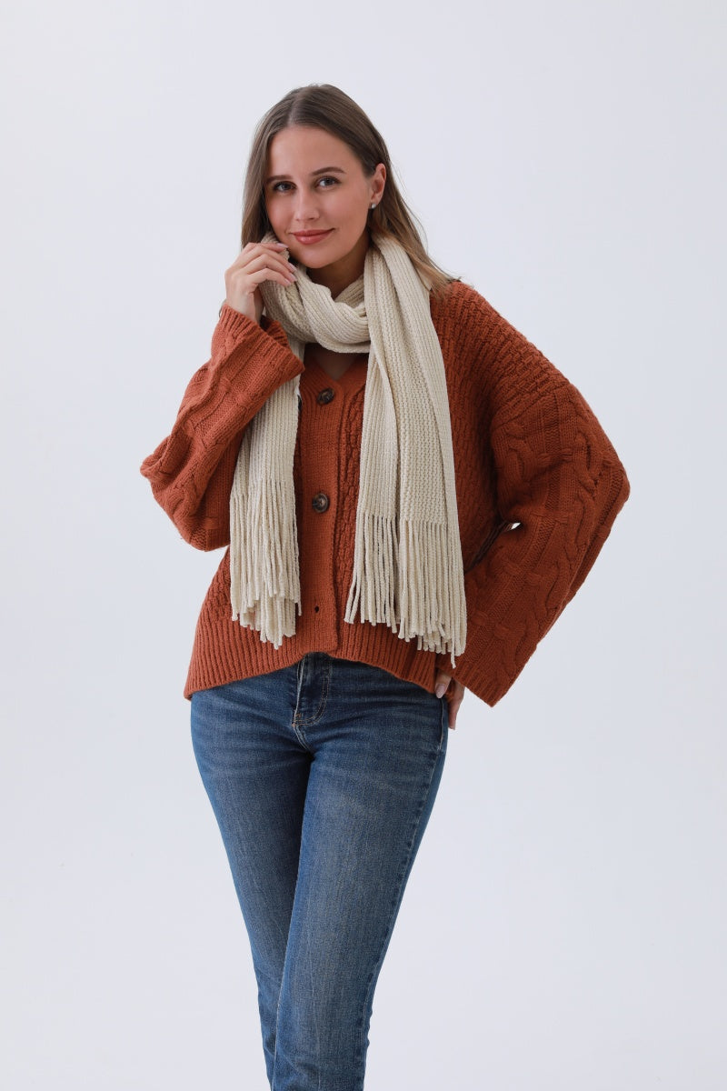 Luxe Chenille Knit Scarf – Plush Tassel Elegance - NeoKira Unlimited