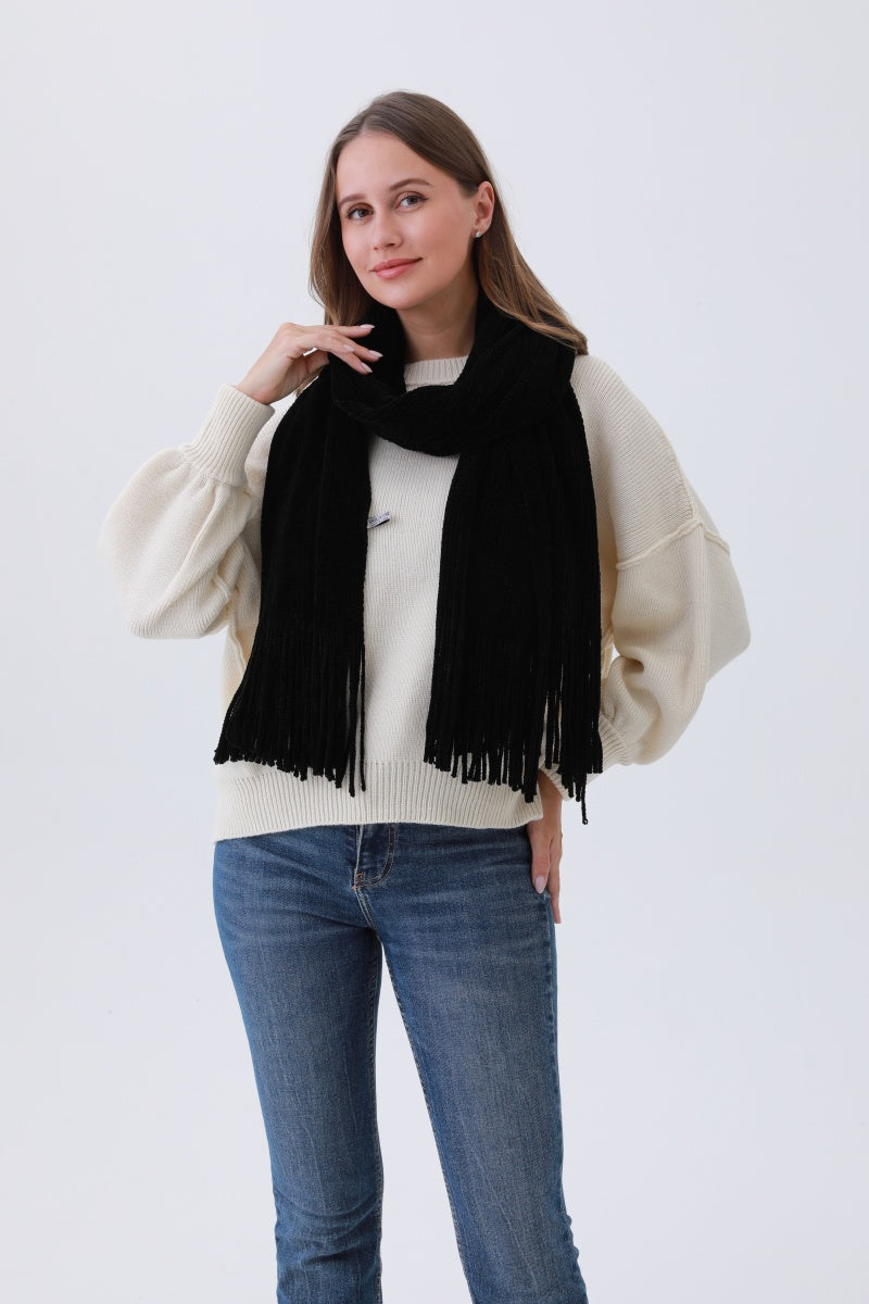 Luxe Chenille Knit Scarf – Plush Tassel Elegance - NeoKira Unlimited