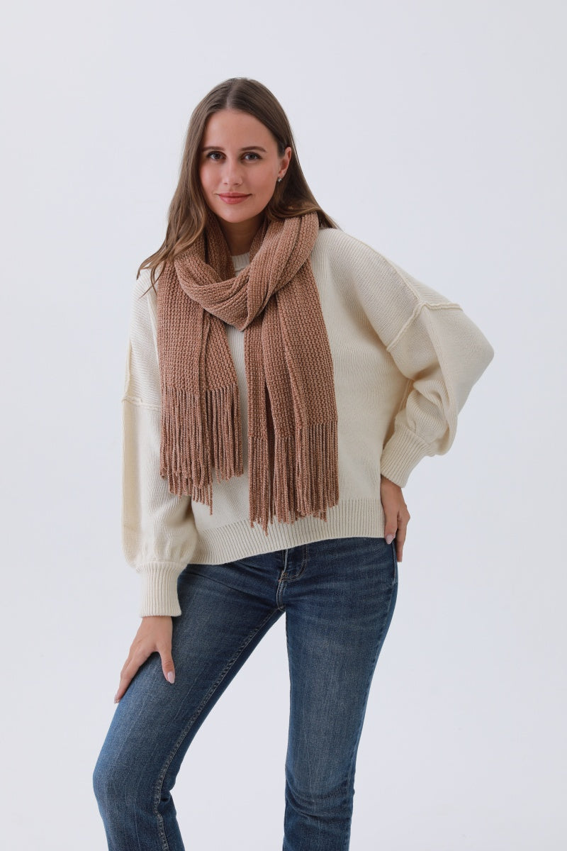 Luxe Chenille Knit Scarf – Plush Tassel Elegance - NeoKira Unlimited