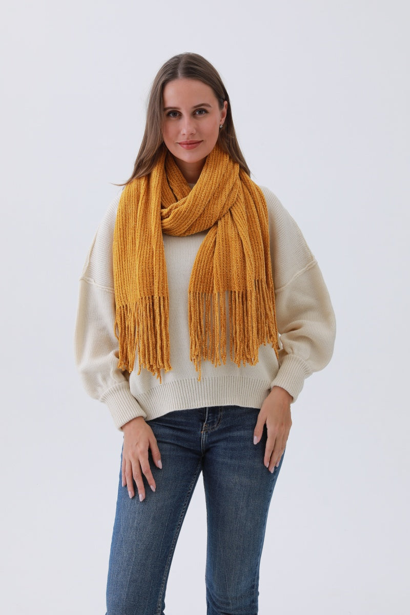 Luxe Chenille Knit Scarf – Plush Tassel Elegance - NeoKira Unlimited