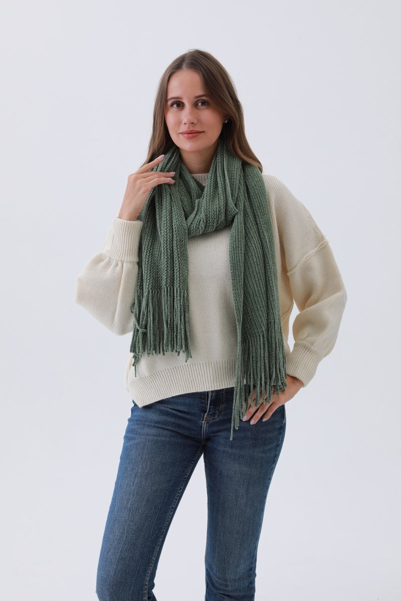 Luxe Chenille Knit Scarf – Plush Tassel Elegance - NeoKira Unlimited