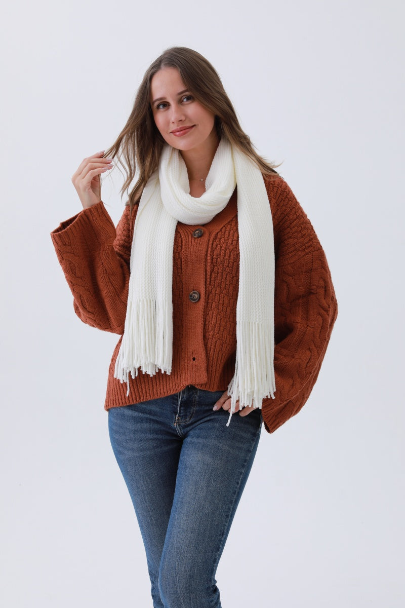 Luxe Chenille Knit Scarf – Plush Tassel Elegance - NeoKira Unlimited