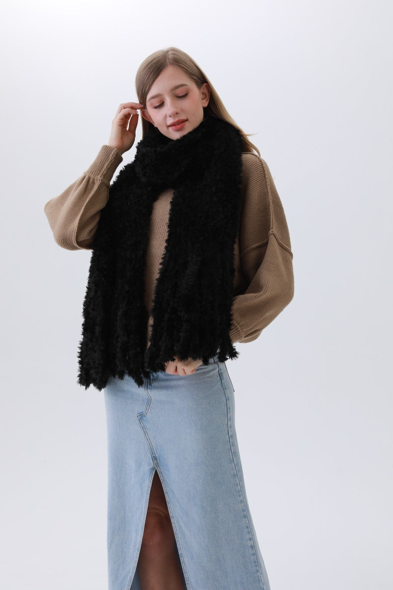 Luxe Bouclé Knit Scarf – Textured Elegance with Fringe - NeoKira Unlimited