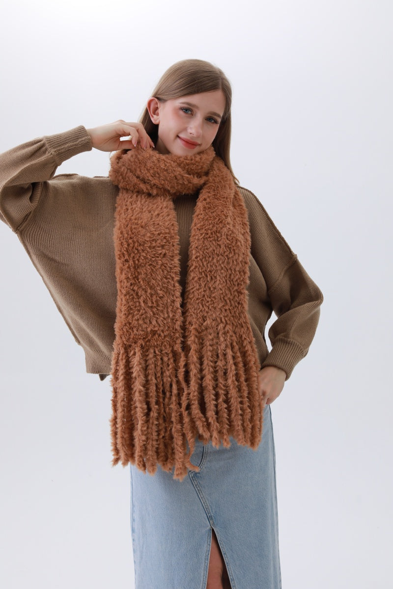 Luxe Bouclé Knit Scarf – Textured Elegance with Fringe - NeoKira Unlimited