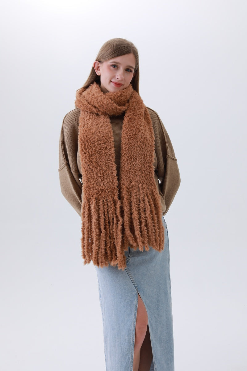 Luxe Bouclé Knit Scarf – Textured Elegance with Fringe - NeoKira Unlimited