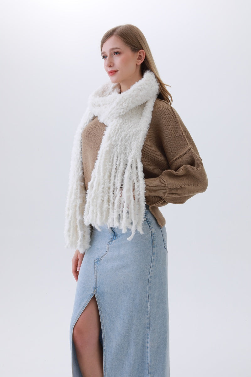 Luxe Bouclé Knit Scarf – Textured Elegance with Fringe - NeoKira Unlimited