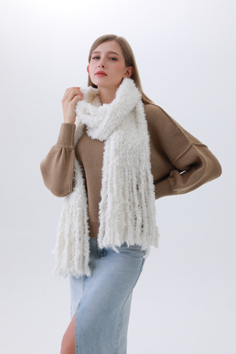 Luxe Bouclé Knit Scarf – Textured Elegance with Fringe - NeoKira Unlimited