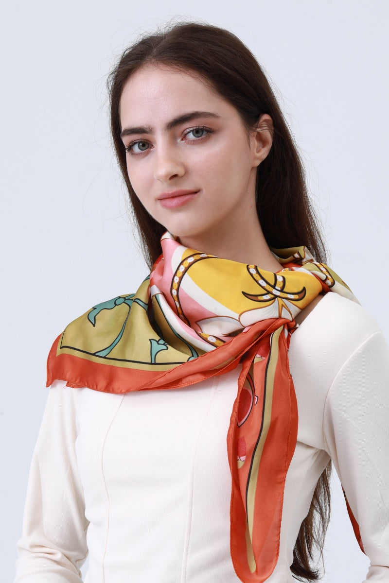 Floral Chain Print Scarf - Vintage Silk-Like Square - NeoKira Unlimited
