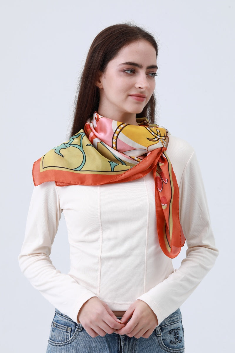 Floral Chain Print Scarf - Vintage Silk-Like Square - NeoKira Unlimited