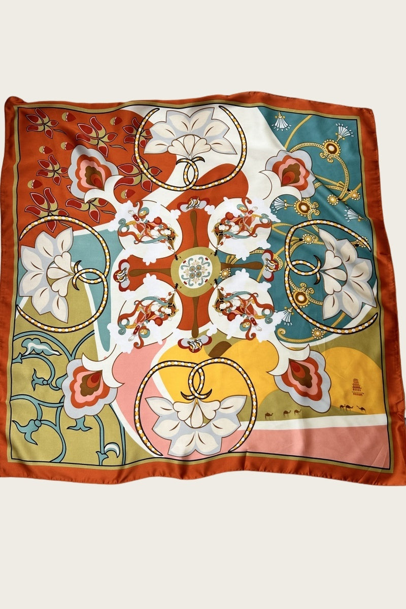 Floral Chain Print Scarf - Vintage Silk-Like Square - NeoKira Unlimited