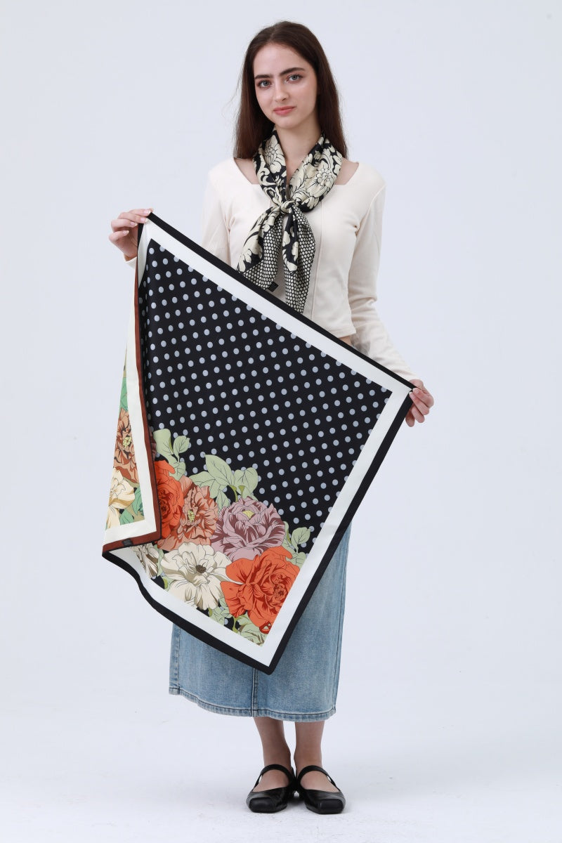 Polka Dot & Floral Reversible Bandana - Two-Way Silky Scarf - NeoKira Unlimited