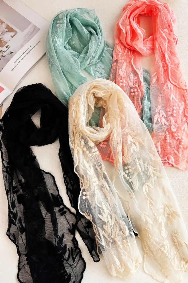 Delicate Mesh Embroidered Oblong Scarf – Sheer & Airy Lightweight Wrap - NeoKira Unlimited