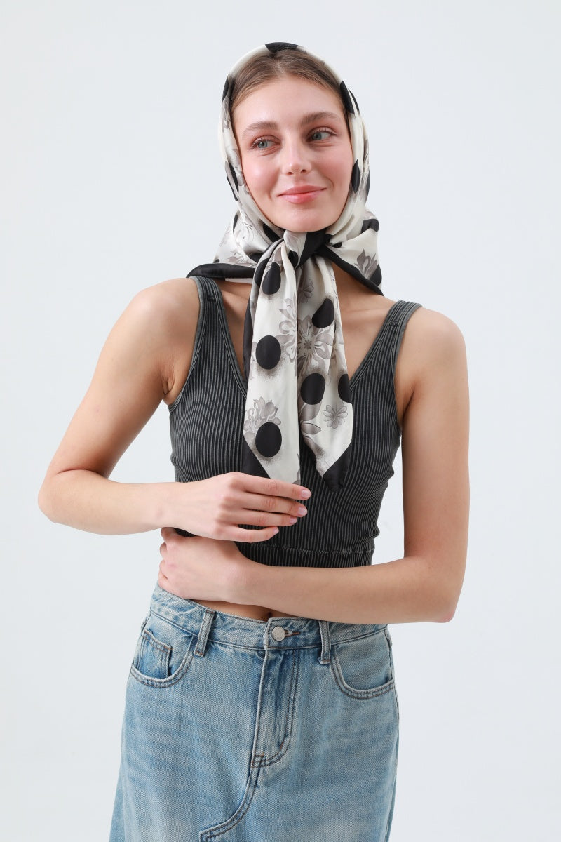 Retro Blossom & Dot Print Scarf – Airy Silky Square - NeoKira Unlimited