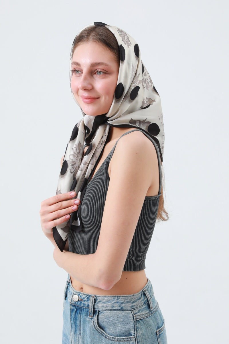 Retro Blossom & Dot Print Scarf – Airy Silky Square - NeoKira Unlimited