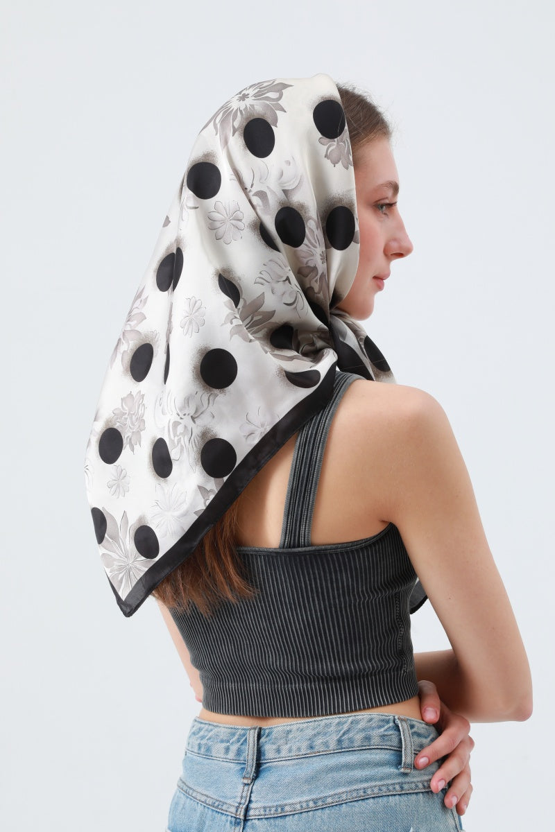 Retro Blossom & Dot Print Scarf – Airy Silky Square - NeoKira Unlimited