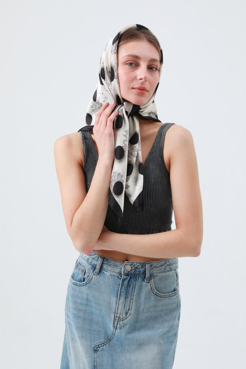 Retro Blossom & Dot Print Scarf – Airy Silky Square - NeoKira Unlimited