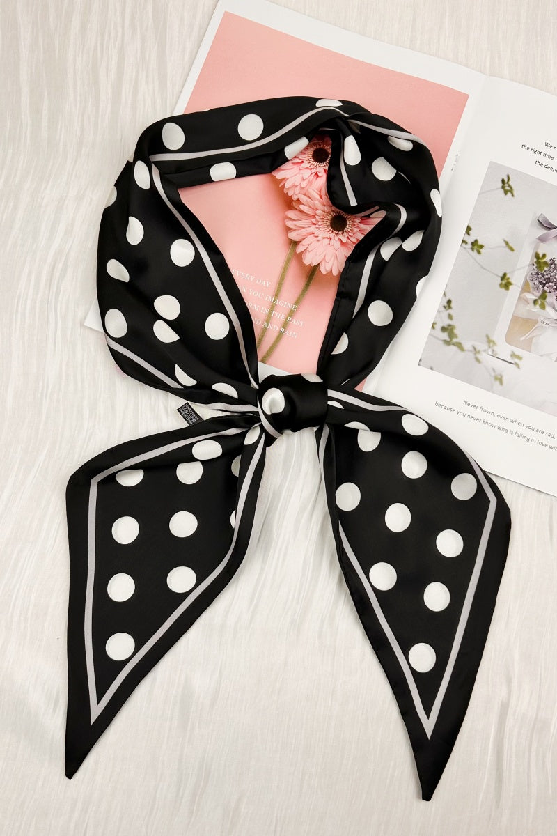 Classic Contrast: Black & White Polka Dot Satin Silky Skinny Scarf - NeoKira Unlimited