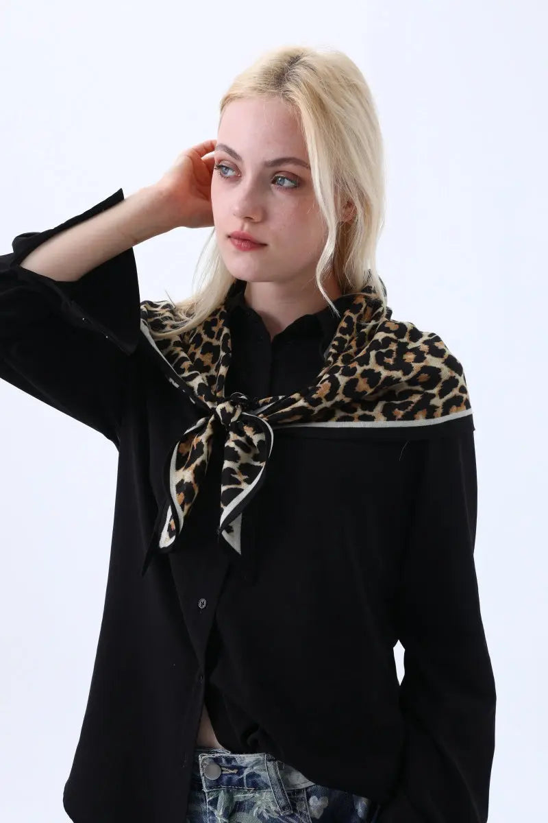 Women's Elegant Square Scarf with Abstract Leaf Print & Houndstooth Trim - NeoKira Unlimited
