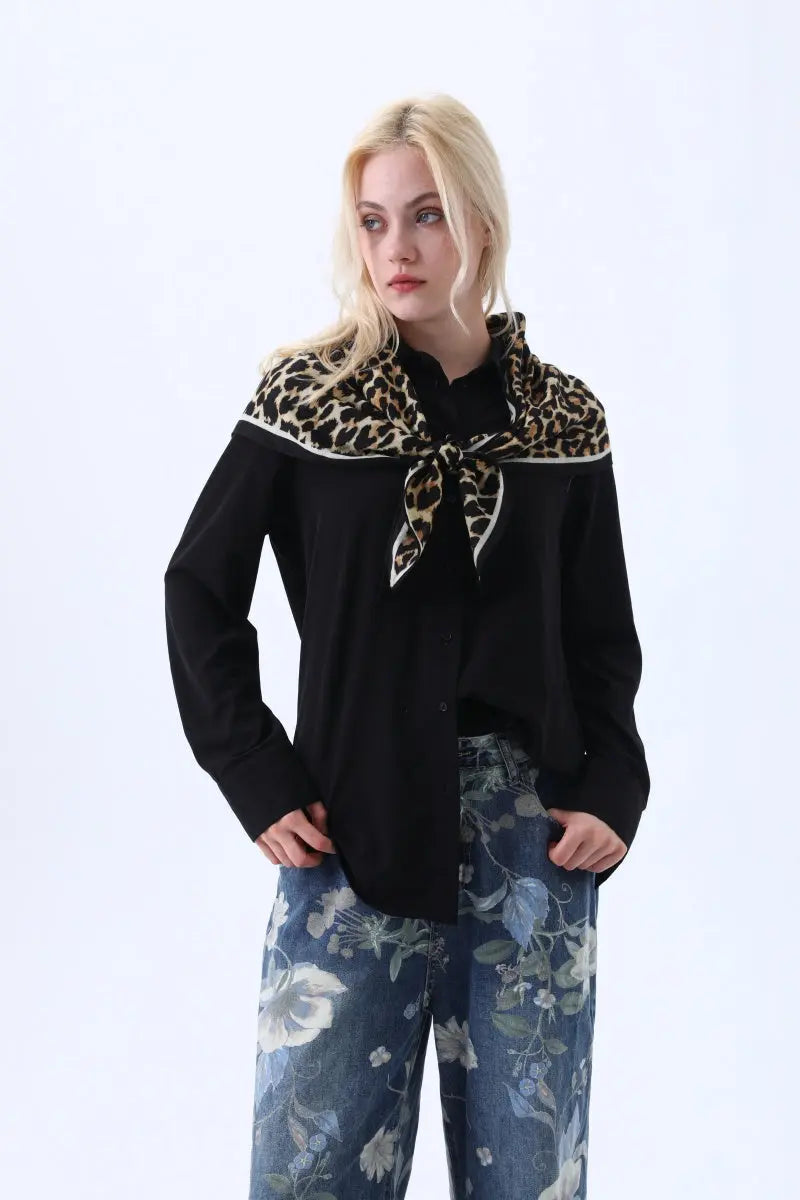 Women's Elegant Square Scarf with Abstract Leaf Print & Houndstooth Trim - NeoKira Unlimited