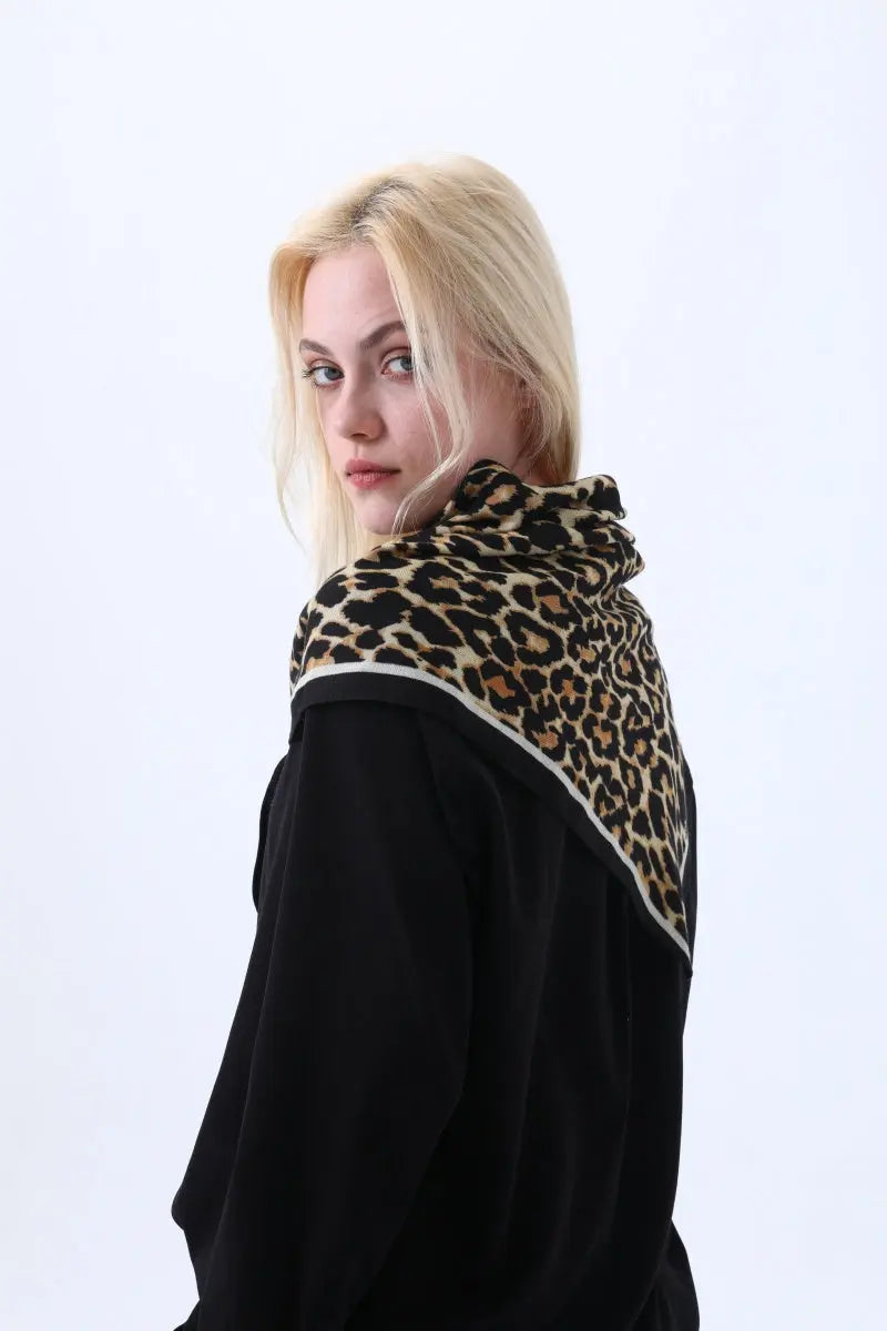 Women's Elegant Square Scarf with Abstract Leaf Print & Houndstooth Trim - NeoKira Unlimited