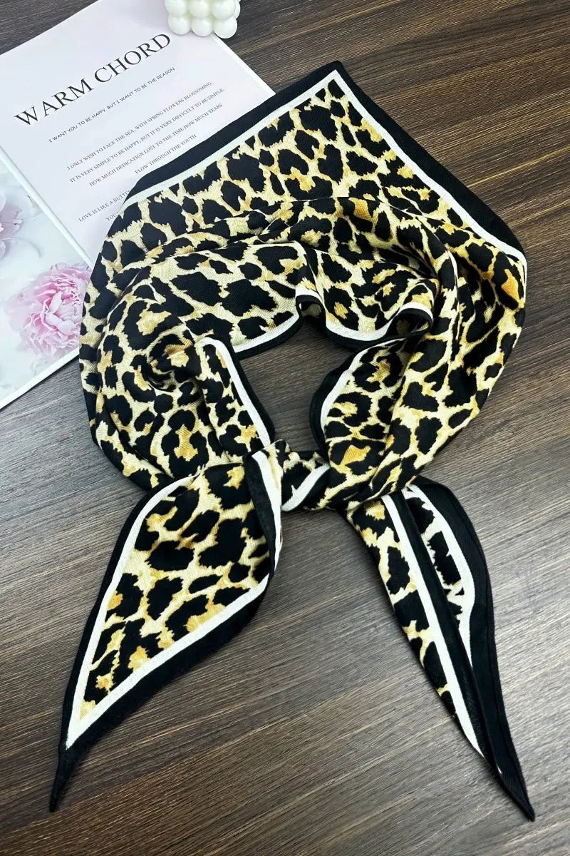 Women's Elegant Square Scarf with Abstract Leaf Print & Houndstooth Trim - NeoKira Unlimited