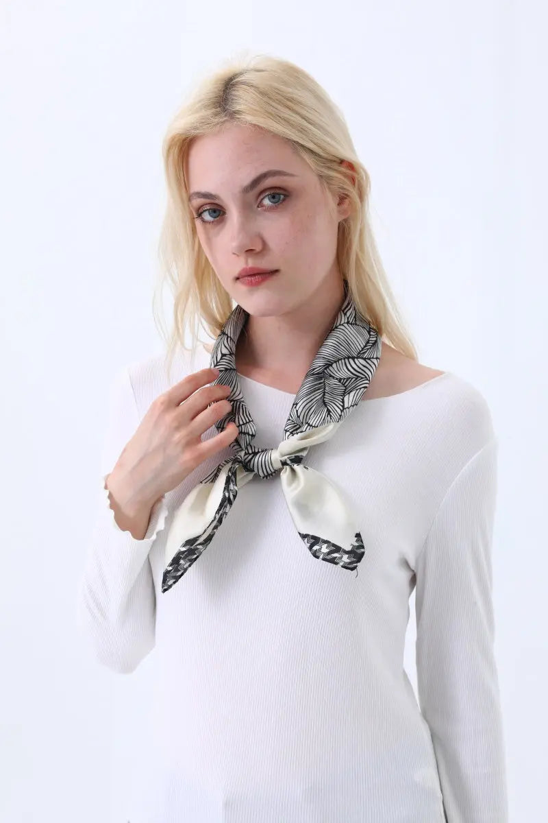 Women's Elegant Square Scarf with Abstract Leaf Print & Houndstooth Trim - NeoKira Unlimited
