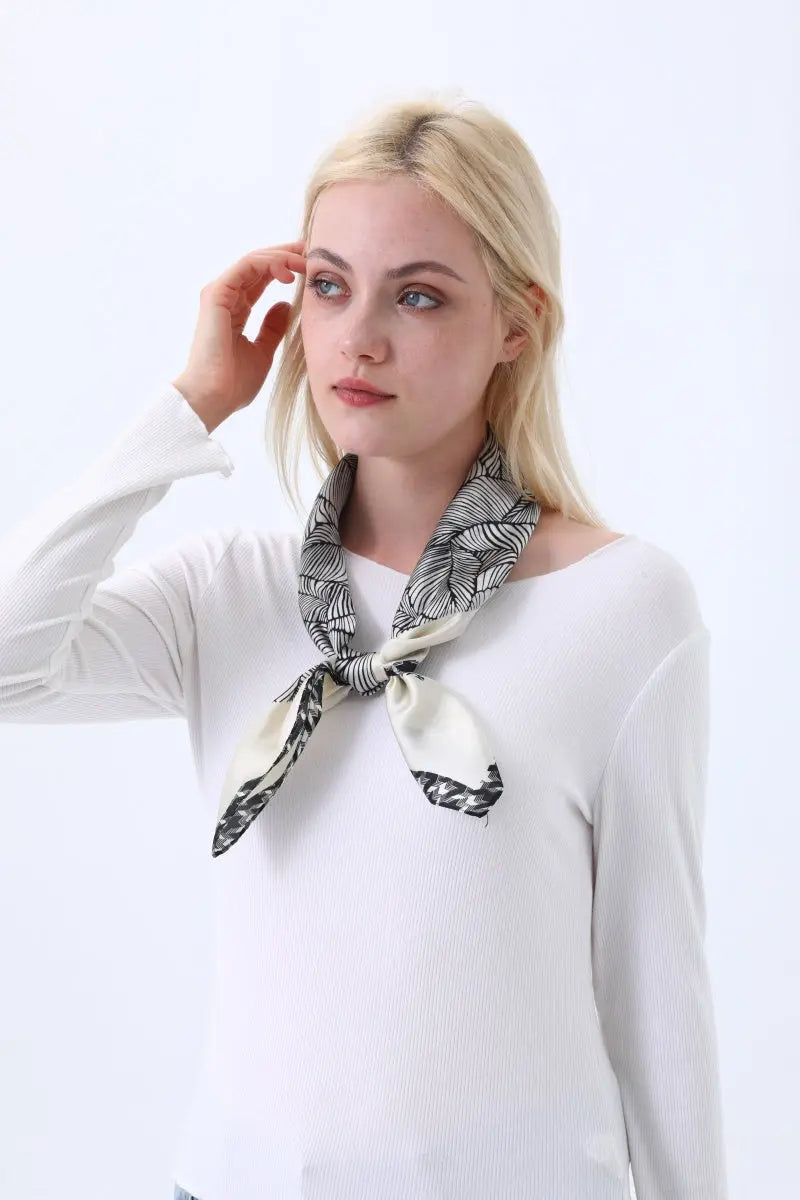 Women's Elegant Square Scarf with Abstract Leaf Print & Houndstooth Trim - NeoKira Unlimited