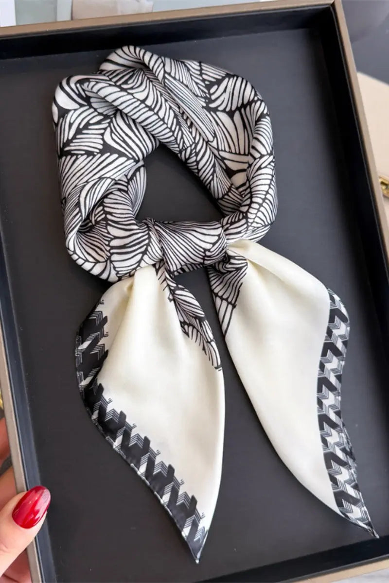 Women's Elegant Square Scarf with Abstract Leaf Print & Houndstooth Trim - NeoKira Unlimited