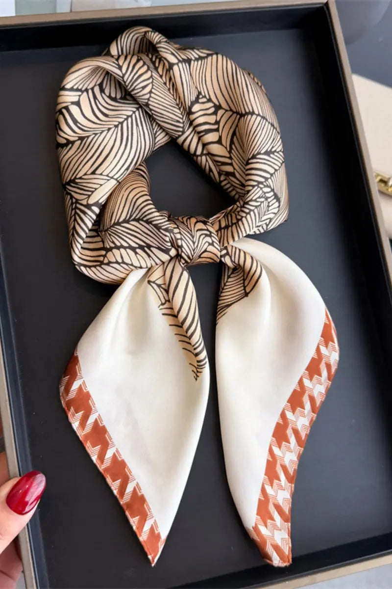 Women's Elegant Square Scarf with Abstract Leaf Print & Houndstooth Trim - NeoKira Unlimited