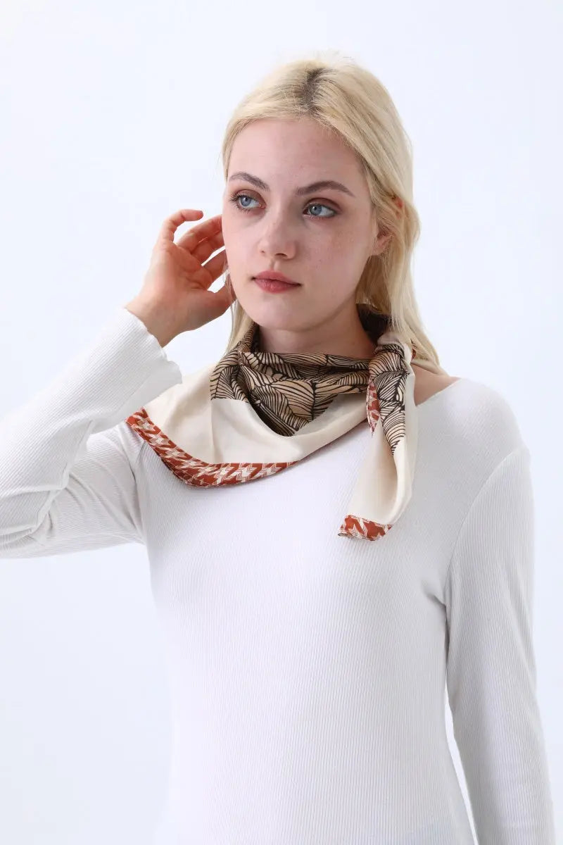 Women's Elegant Square Scarf with Abstract Leaf Print & Houndstooth Trim - NeoKira Unlimited
